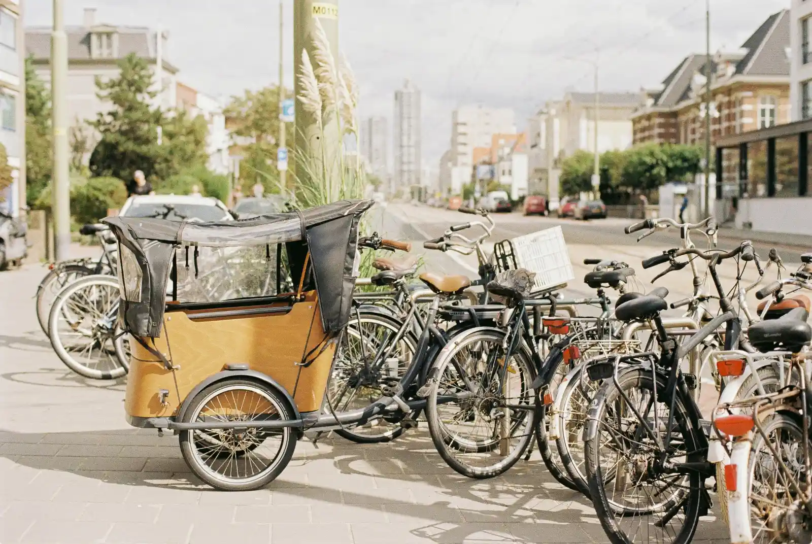 Bicycles and a cargo bike parked on a Dutch street