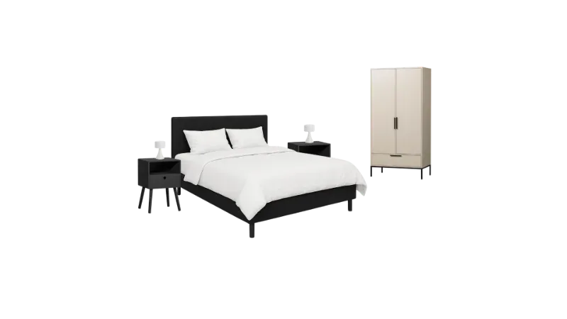 Bedroom furniture for an expat apartment: double bed with white bed linen, bedside tables and wardrobe